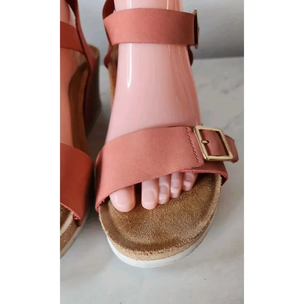 Aetrex Lexa Orthotic Strap Wedge Sandal Coral Leather Sz 9-9.5 Cork Sandal